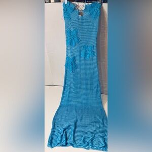 NEW WITH TAGS! Handmade Halter Turquoise Crochet Maxi Dress with Floral Appliqué